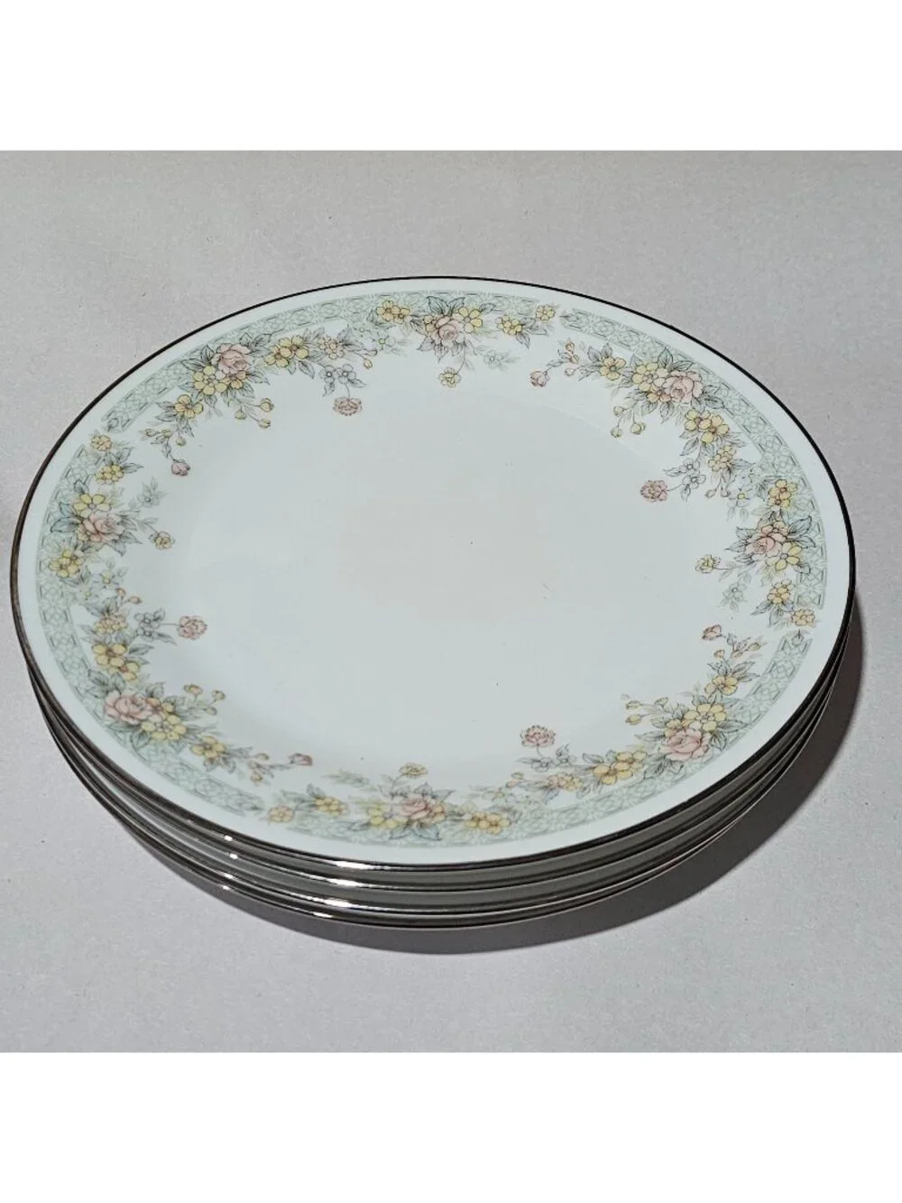 4 Noritake Spring Field Dinner Plates delicate flowers vtg Japan silver rim gree